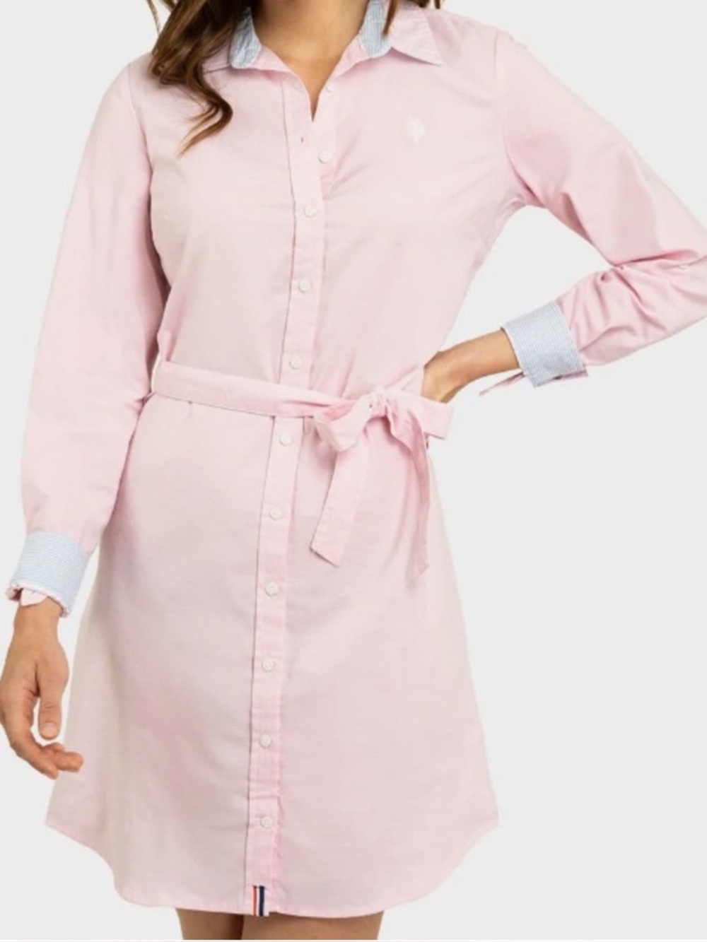 US Polo Association Light Pink Oxford Shirt Dress/Tie Waist/Pale Blue Accent: M